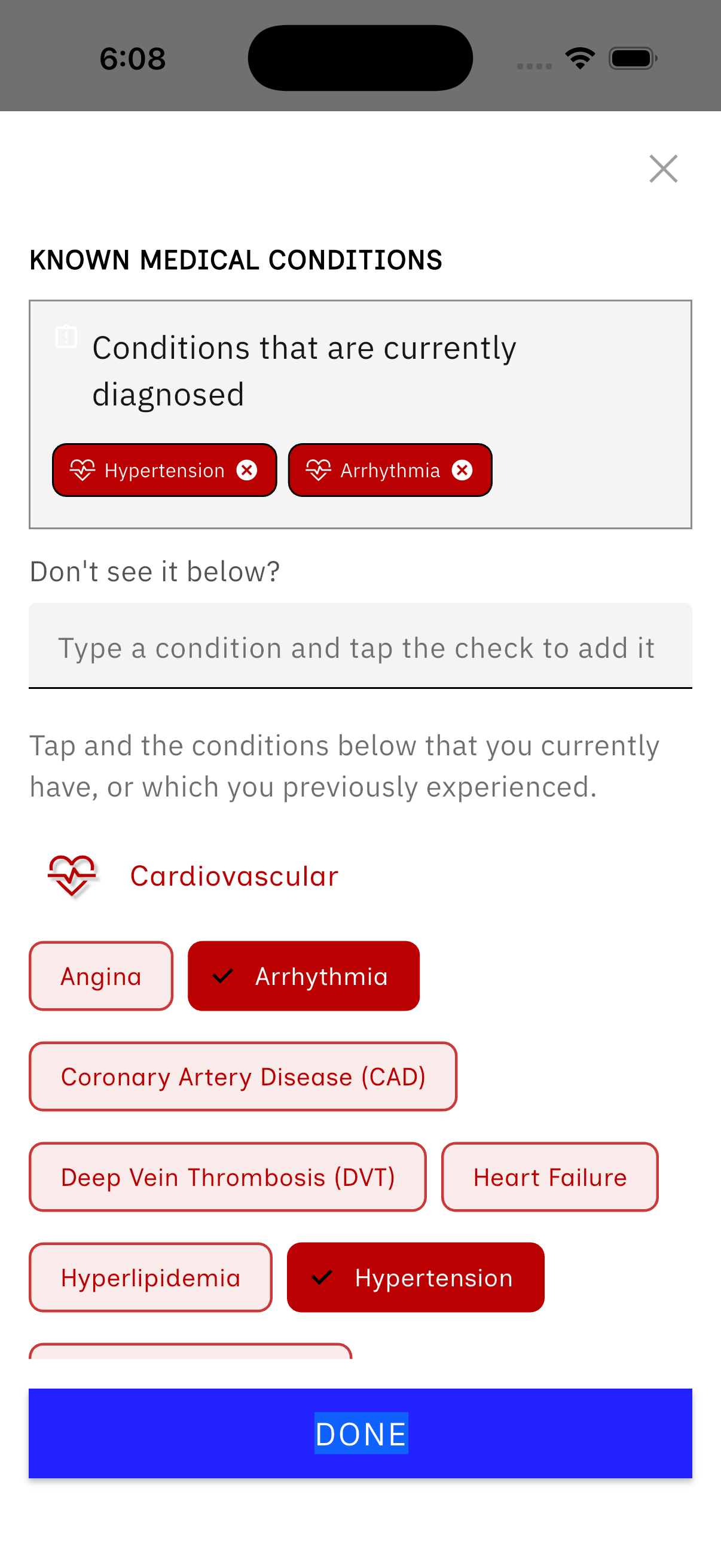 Ally Known Medical Conditions screen with a searchable list of cardiovascular conditions and two currently selected