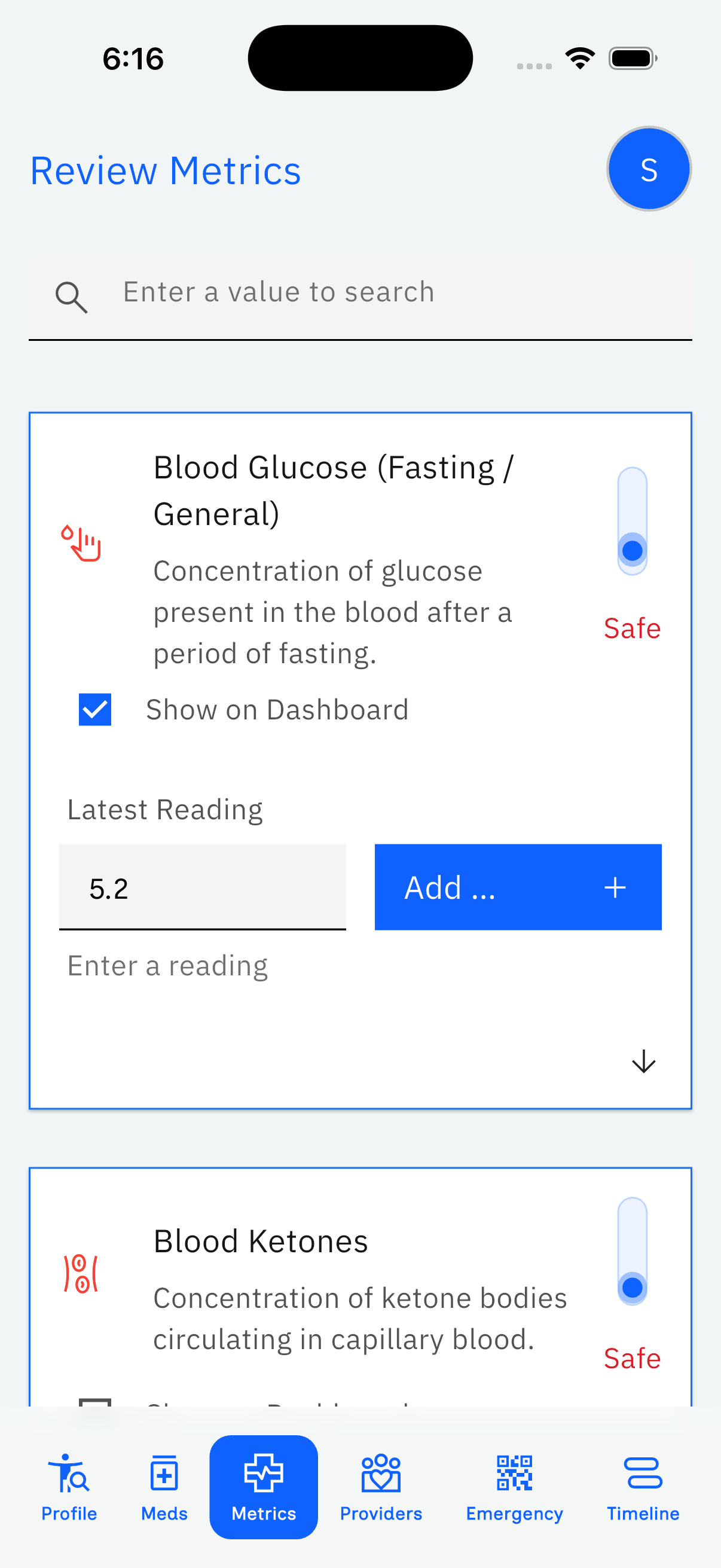 Ally Review Metrics screen showing Blood Glucose and Blood Ketones tracked with a Safe status indicator