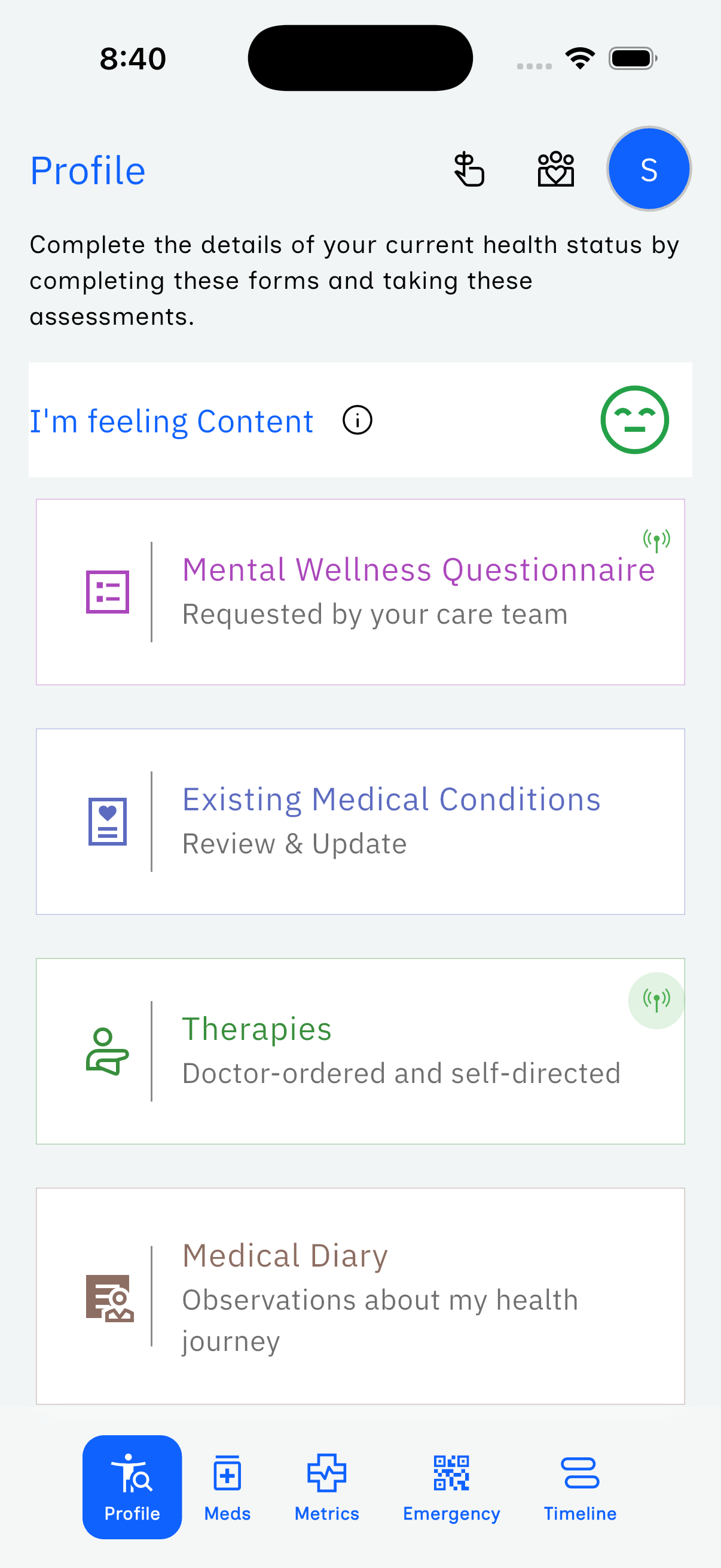 Ally profile screen showing a mood check-in, a Mental Wellness Questionnaire request and a Therapies update both flagged by the care team, and a medical diary