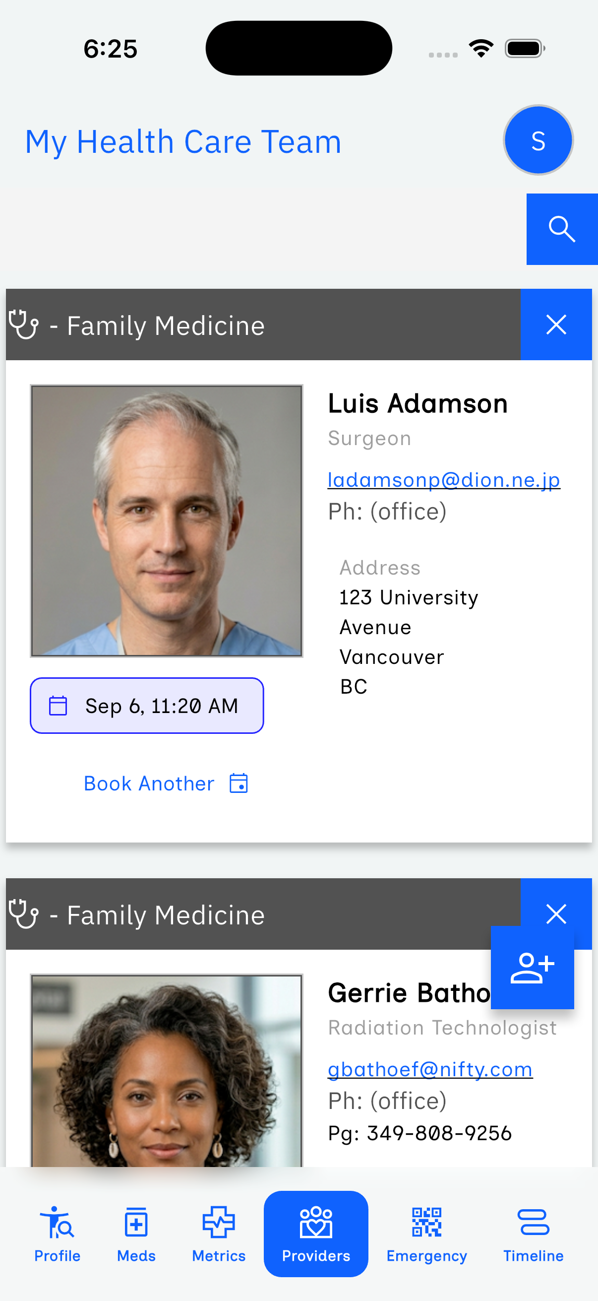 Ally health care team screen showing a surgeon's photo, contact details, and a booked appointment