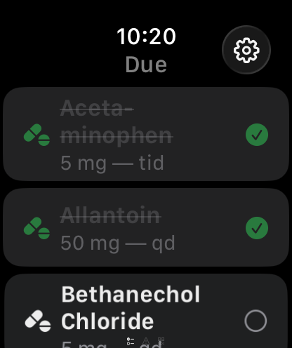 Ally Apple Watch app Due screen with two medications checked off and a third still pending