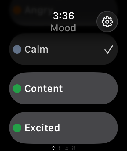 Ally Apple Watch app Mood screen with Calm currently selected and Content and Excited as other options