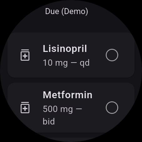 Ally Wear OS app Due screen listing Lisinopril and Metformin with their doses