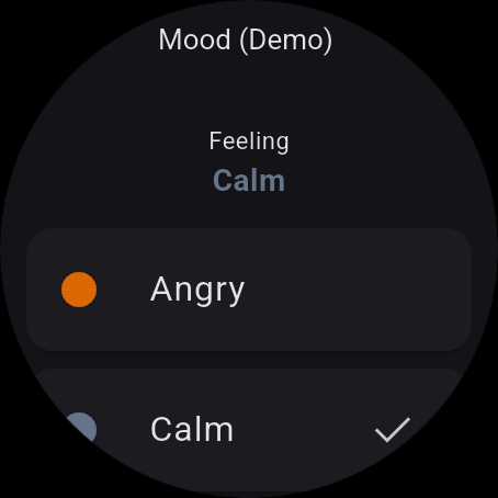 Ally Wear OS app Mood screen with Calm currently selected and Angry as another option