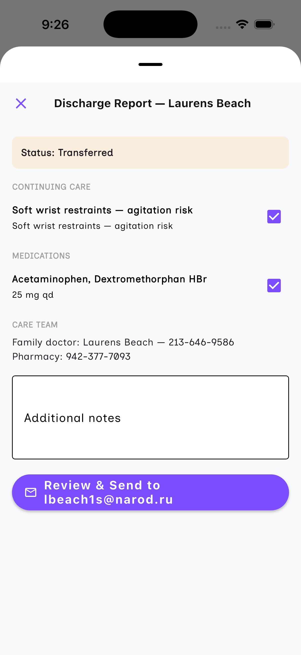Progressor discharge report screen showing continuing care orders, medications, and care-team contacts, ready to review and send to the patient