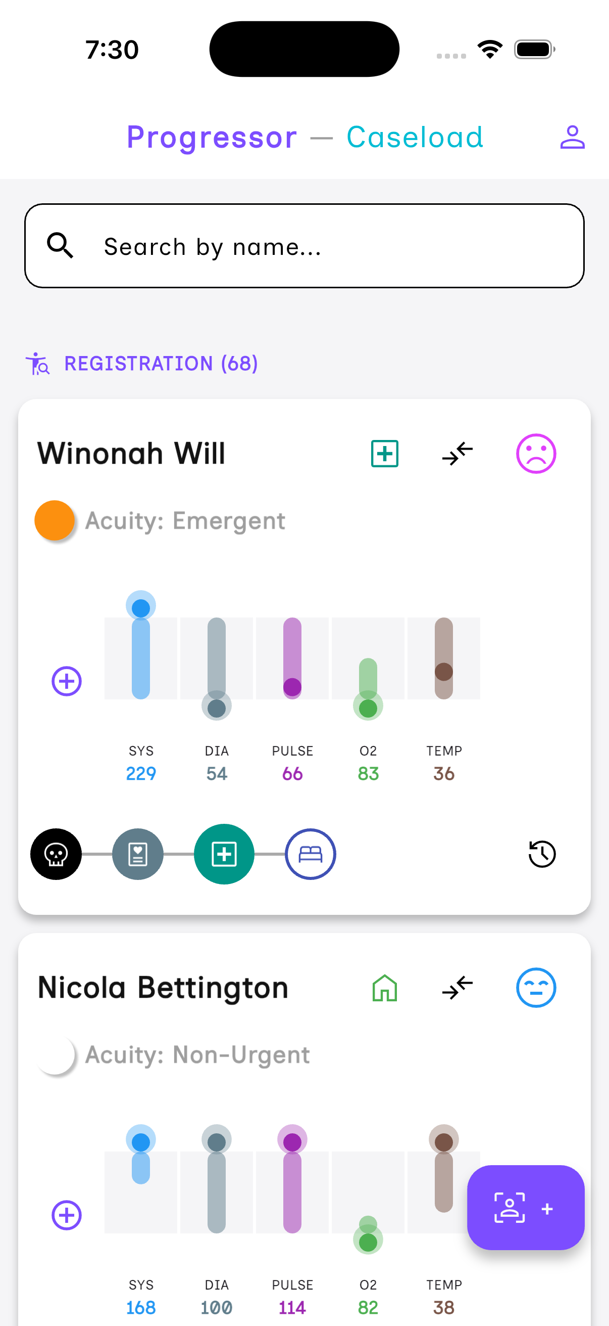 Progressor patient card showing an EMS handoff icon, disposition-decision status, and a connected journey stepper from triage through ward assignment